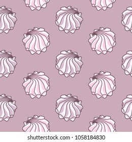 Meringues zephyrs pastries cupcakes snacks cream in form of shells of pink purple colors colorful on pink purple background. Dessert. Sweets and candies. Vector seamless pattern.