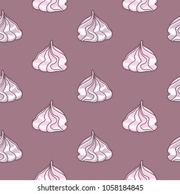 Meringues zephyrs pastries cupcakes snacks cream of pink purple colors colorful on pink purple background. Dessert. Sweets and candies. Vector seamless pattern.