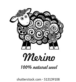 Merino 100% natural wool. Black Sheep isolated on white background.  Vector Illustration