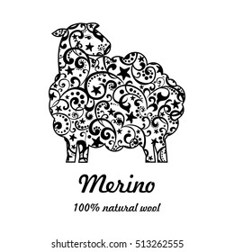Merino 100% natural wool. Black Sheep isolated on white background. Vector Illustration