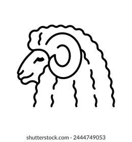 Merino, icono de línea. Cabeza de oveja doméstica, vista lateral. Lana merina, fibra, tejido, costura. Ilustración lineal, icono simple, trazos editables