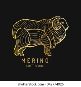 Merino sheep logo, label. Vector ram illustration. Ewe soft wool sign. Fleece icon background.