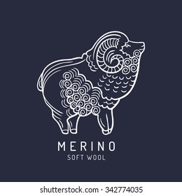 Merino sheep logo, label. Vector ram illustration. Ewe soft wool sign. Fleece icon background.