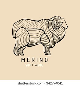 Merino sheep logo, label. Vector ram illustration. Ewe soft wool sign. Fleece icon background.