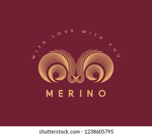 Merino sheep logo. Vector ram illustration. 100% natural wool product isolated symbol. Hand Drawn Lamb Silhouette with Retro Typography. Abstract Vector Sign, Symbol label Template. Isolated.