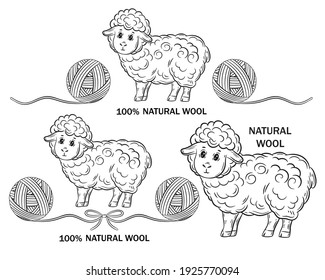 Merino sheep natural wool for hand knitting outline icon set. Ewe with round ball of yarn. Handmade knitwear clothes. Needlework, knitted or crochet from woolen thread. Label textile packaging. Vector