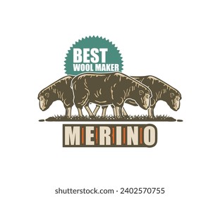 MERINO OVEJAS EL LOGO MADERA MAKER, silueta de hierba grande de carnero comiendo en ilustraciones vectoriales de granja