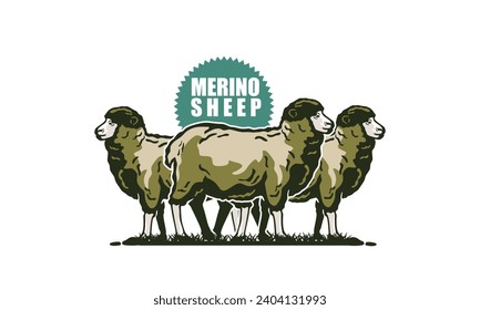 MERINO OVEJAS EL LOGO MAKER DE MADERA, silueta de gran carnero de pie en ilustraciones vectoriales de granja