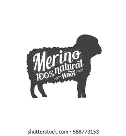 Merino wool label. Knitting logo with sheep. Yarn art sign. - Vector Illustration
