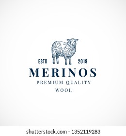 Merinos Wool Abstract Vector Sign, Symbol or Logo Template. Hand Drawn Sheep Sillhouette with Retro Typography. Vintage Luxury Vector Emblem. Isolated.