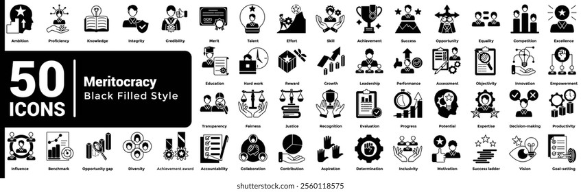 Meritocracy 50 icon set in filled style