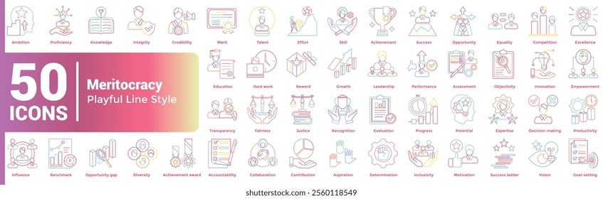 Meritocracy 50 icon set in playful line style