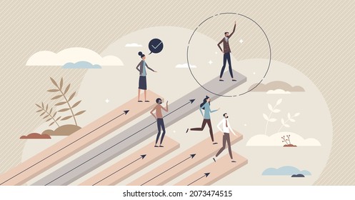 Meritocracy political ideology based on work performance tiny person concept. Best leader appraisal because of talent and work efficiency or productivity vector illustration. Fair social division. svg