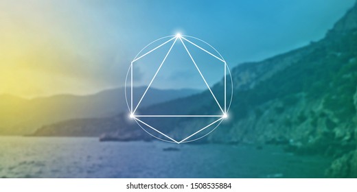 Merkaba sacred geometry spiritual new age futuristic illustration with interlocking circles, triangles and glowing particles in front of blurry natural widescreen photographic background