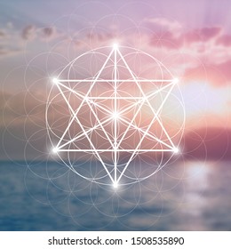 Merkaba sacred geometry spiritual new age futuristic illustration with interlocking circles, triangles and glowing particles in front of blurry natural photographic background