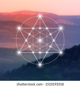 Merkaba sacred geometry spiritual new age futuristic illustration with interlocking circles, triangles and glowing particles in front of blurry natural photographic background