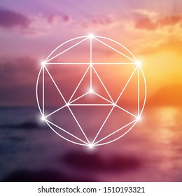 Merkaba sacred geometry spiritual new age futuristic illustration with interlocking circles, triangles and glowing particles in front of blurry natural photographic background