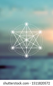 Merkaba sacred geometry spiritual new age futuristic illustration with interlocking circles, triangles and glowing particles in front of blurry natural photographic background