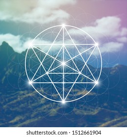 Merkaba sacred geometry spiritual new age futuristic illustration with interlocking circles, triangles and glowing particles in front of blurry natural photographic background