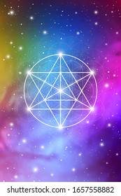 Merkaba sacred geometry spiritual new age futuristic illustration with transmutation interlocking circles, triangles and glowing particles in front of cosmic background