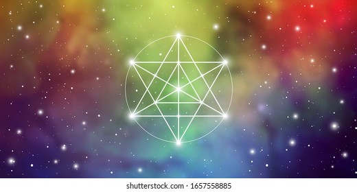 Merkaba sacred geometry spiritual new age futuristic illustration with transmutation interlocking circles, triangles and glowing particles in front of cosmic background