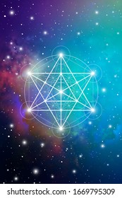 Merkaba sacred geometry spiritual new age futuristic illustration with transmutation interlocking circles, triangles and glowing particles in front of cosmic background