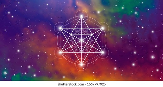 Merkaba sacred geometry spiritual new age futuristic illustration with transmutation interlocking circles, triangles and glowing particles in front of cosmic background