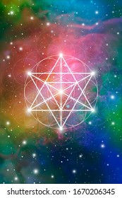 Merkaba sacred geometry spiritual new age futuristic illustration with transmutation interlocking circles, triangles and glowing particles in front of cosmic background