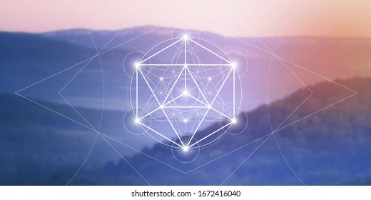 Merkaba heilige Geometrie spirituelle neue Zeitalter futuristische Illustration mit ineinander greifenden Kreisen, Dreiecken und leuchtenden Teilchen vor unscharfem natürlichen fotografischen Hintergrund