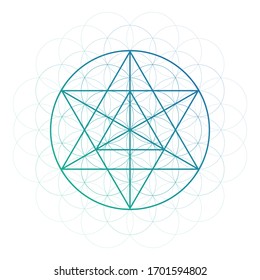 Merkaba sacred geometry spiritual new age futuristic illustration with interlocking circles and triangles on white.