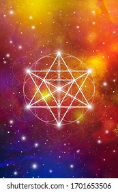 Merkaba sacred geometry spiritual new age futuristic illustration with transmutation interlocking circles, triangles and glowing particles in front of cosmic background
