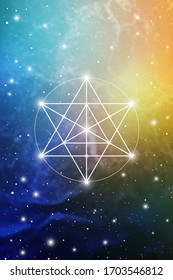 Merkaba sacred geometry spiritual new age futuristic illustration with transmutation interlocking circles, triangles and glowing particles in front of cosmic background
