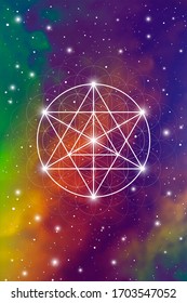 Merkaba sacred geometry spiritual new age futuristic illustration with transmutation interlocking circles, triangles and glowing particles in front of cosmic background
