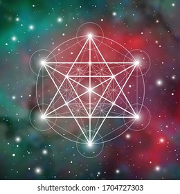 Geometría sagrada Merkaba nueva era espiritual ilustración futurista con círculos interconectados transmutación, triángulos y partículas brillantes frente al fondo cósmico
