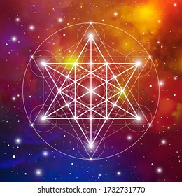 Merkaba sacred geometry spiritual new age futuristic illustration with transmutation interlocking circles, triangles and glowing particles in front of cosmic background
