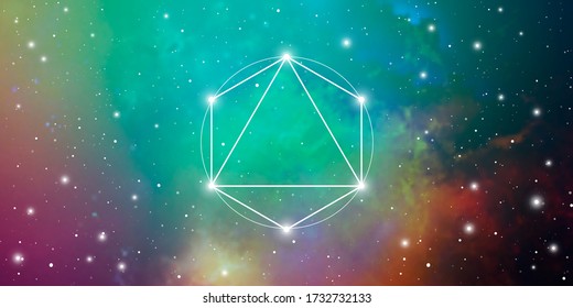 Merkaba sacred geometry spiritual new age futuristic wide banner with transmutation interlocking circles, triangles and glowing particles in front of cosmic background
