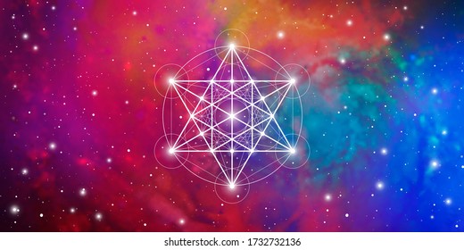 Merkaba sacred geometry spiritual new age futuristic wide banner with transmutation interlocking circles, triangles and glowing particles in front of cosmic background
