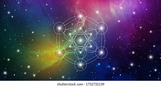 Merkaba sacred geometry spiritual new age futuristic wide banner with transmutation interlocking circles, triangles and glowing particles in front of cosmic background

