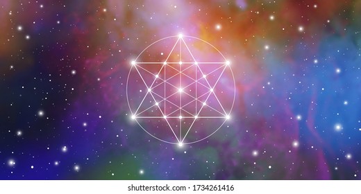 Merkaba sacred geometry spiritual new age futuristic illustration with transmutation interlocking circles, triangles and glowing particles in front of cosmic background
