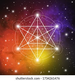 Merkaba sacred geometry spiritual new age futuristic illustration with transmutation interlocking circles, triangles and glowing particles in front of cosmic background
