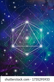 Merkaba sacred geometry spiritual new age futuristic illustration with transmutation interlocking circles, triangles and glowing particles in front of cosmic background
