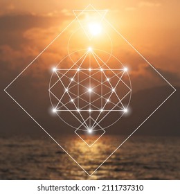 Merkaba sacred geometry spiritual new age futuristic illustration with interlocking circles, triangles and glowing particles in front of blurry natural photographic background