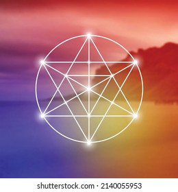 Merkaba sacred geometry spiritual new age futuristic illustration with interlocking circles, triangles and glowing particles in front of blurry natural photographic background
