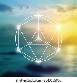 Merkaba sacred geometry spiritual new age futuristic illustration with interlocking circles, triangles and glowing particles in front of blurry natural photographic background