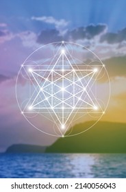 Merkaba sacred geometry spiritual new age futuristic illustration with interlocking circles, triangles and glowing particles in front of blurry natural photographic background