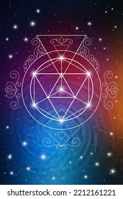 Merkaba. Sacred geometry spiritual new age futuristic illustration with transmutation interlocking circles, triangles and glowing particles