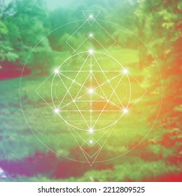 Merkaba. Sacred geometry spiritual new age futuristic illustration with transmutation interlocking circles, triangles and glowing particles