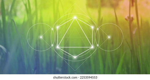 Merkaba. Sacred geometry spiritual new age futuristic illustration with transmutation interlocking circles, triangles and glowing particles