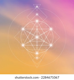 Merkaba. Sacred geometry spiritual new age futuristic illustration with transmutation interlocking circles, triangles and glowing particles