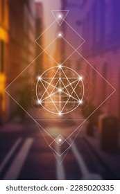 Merkaba. Sacred geometry spiritual new age futuristic illustration with transmutation interlocking circles, triangles and glowing particles